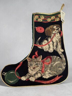 Tapestry Christmas Stocking With Cat & Dog Design Gold Trim Green Back 18-Inch H